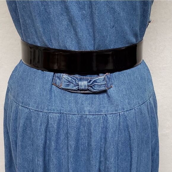 VINTAGE 1970s Talbots Mid Wash Oversized Button Up Belted Bow Denim Dress Medium - Picture 13 of 15